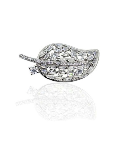 Oya Silver Zirkon Baget Taşlı Yaprak Gümüş Broş 2.9x1.4cm Oysyb004