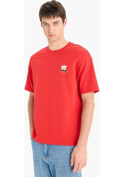 Defacto Boxy Fit Bisiklet Yaka Baskılı Kısa Kollu Tişört F2614ax25wnrd172 Kirmizi