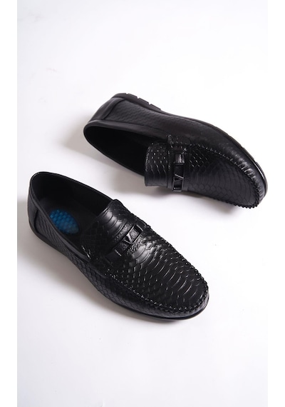 Mubiano Hakiki Deri Srg555s İç Dış Kroko Baskı Desenli Toka Detaylı Erkek Loafer Siyah