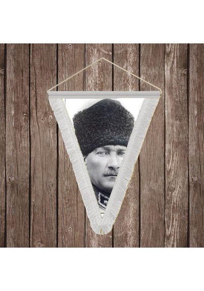 Siyah Beyaz Kalpaklı Atatürk Portresi Beyaz Saçaklı Üçgen Flama Bayrak Hatıra Flama Ata30 Diğer