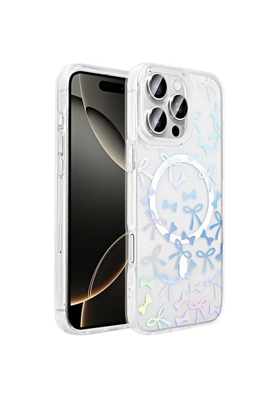 Apple Uyumlu iPad iPhone 16 Pro Max Kılıf M-safe Şarj Özellikli Şeffaf Zore Folk Sert Kapak Fiyonk