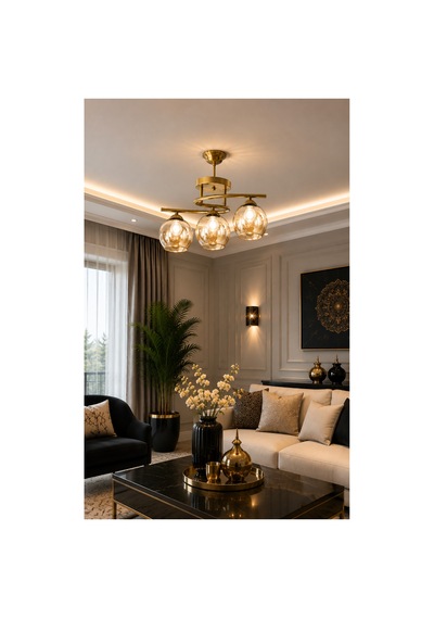 Fuji Modern Dekoratif Salon - Mutfak - Yatak Odası Eskitme Renk Bal Camlı 3 Lü Avize Eskitme Bal Eskitme Bal