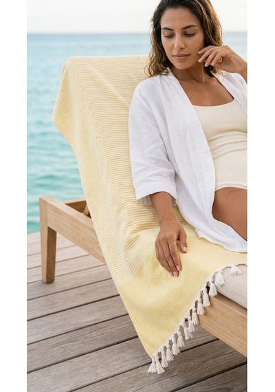 Calmera Çizgili Peştemal Pamuk - Doğal Saçaklı Plaj, Deniz, Havuz, Spa, Sauna, Spor, Seyahat Havlu - Sarı