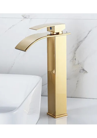 Rena Desıgn Mat Gold Çanak Lavabo Bataryası Oval Çıkış Yüksek Havza Model Uzun Çift Giriş Altın Musluk Banyo Mat Altın