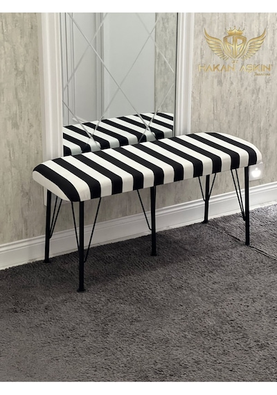 By Hakan Aşkın Siyah Metal Ayaklı Puf & Bench Zebra Siyah Beyaz