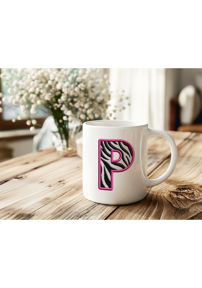 P Harfi Zebra Deseni Ve Pembe Kenarlı Kupa Bardak - Kişiye Özel Nakış Efektli - Siyah Beyaz Pembe Beyaz