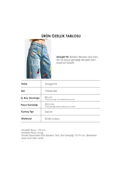 it's basic Kadın Kot Rengi 3s6-32 Straight Fit Obje Nakış Ve İşlemeli Özel Tasarım Denim Jean Mavi