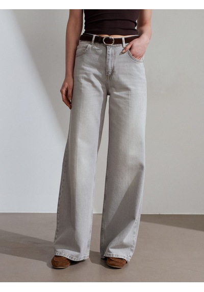 Dilvin 72288 %100 Pamuk Kemerli Wide Leg Jean-gri Gri
