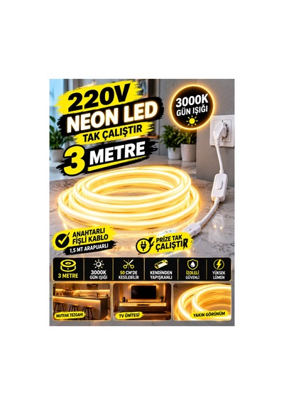 3 Metre 3000k-günışığı Neon Led Şerit ,1.5 Metre Anahtarlı Kablolu Tak Çalıştır Hazır Set ,esnek Şerit Led,mutfak,tezgah Ledi, ,ambiyans Işık Havuzu, Balkon, Teras Ve Ev İçin Dekoratif Led