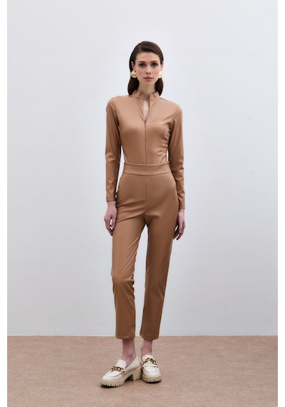Sateen Yüksek Bel Deri Pantolon - Camel-135287 Camel