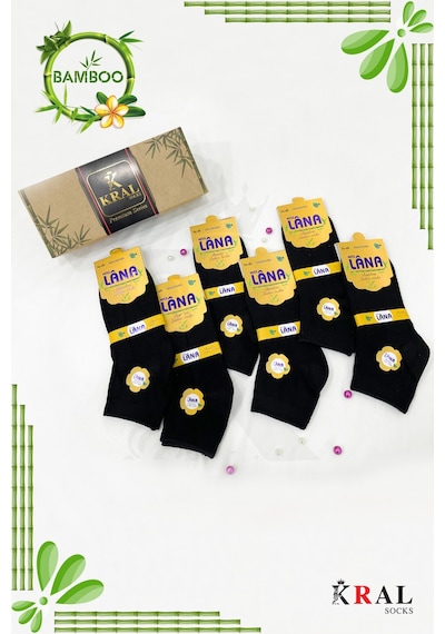 Kral Socks Kadın Bambu Çorap 6 Çift Renkli Hediye Kutulu Patik Kadın Çorap Siyah