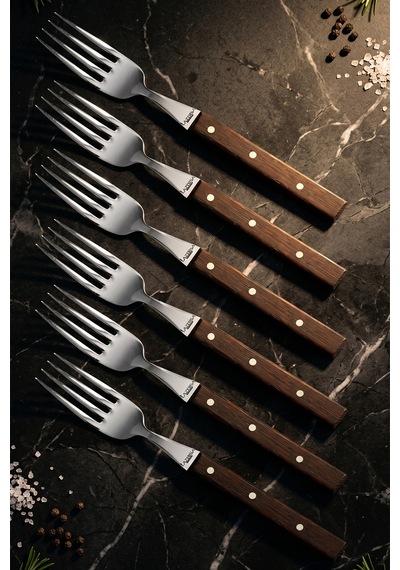 Lazbisa Mtf-061 Hand Craft Serisi Steak Et Yemek Kahvaltı Çatalı 6 Lı Set Mutfak Bıçak Günlük Kullanım Kahverengi