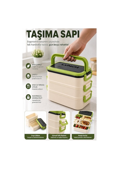 Renkli Beslenme Kutusu 3 Bölmeli 1 Adet 3 Bölmeli Beslenme Kabı Yemek Saklama Kabı Taşınabilir Lunch Box Okul Yeşil