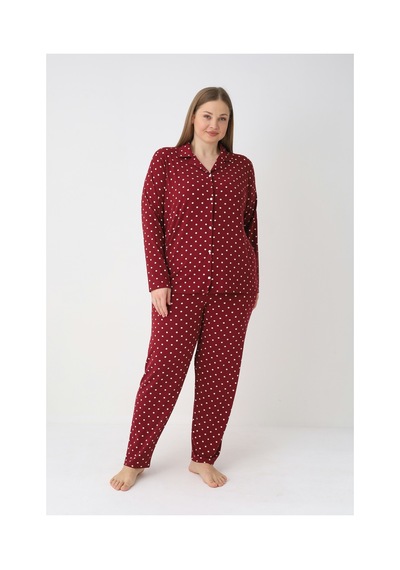Estiva Kadın Puantiyeli Bordo Önden Düğmeli Soft Battal Pijama Takımı Çok renkli