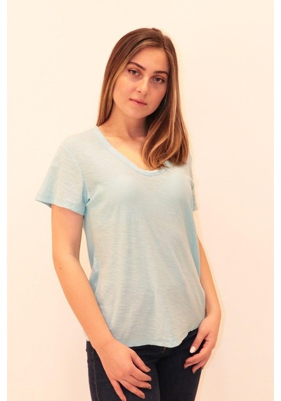 Rich Kadın Organik V Yaka T-shirt %100 Pamuk Tişört Mavi