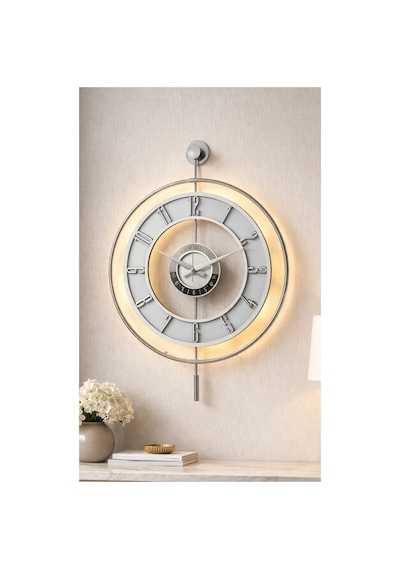 Pey Aksesuar Metal Camlı Duvar Saati Krom Statık 50 X 70cm Orta Boy Işıklı M51-kromgrı-şeffaf-beyaz-gümüş Gri