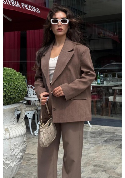 Kahverengi Keten Blazer Kadın Ceket Mg2443 Kahverengi