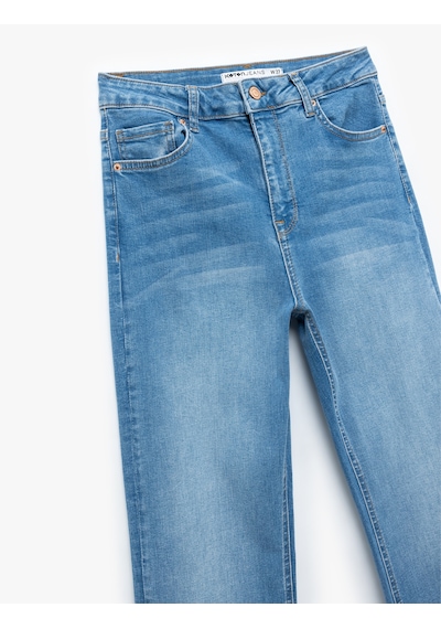 Koton Yüksek Bel Kısa İspanyol Paça Jean Pantolon - Flare Jeans Orta İndigo 5sal40303md