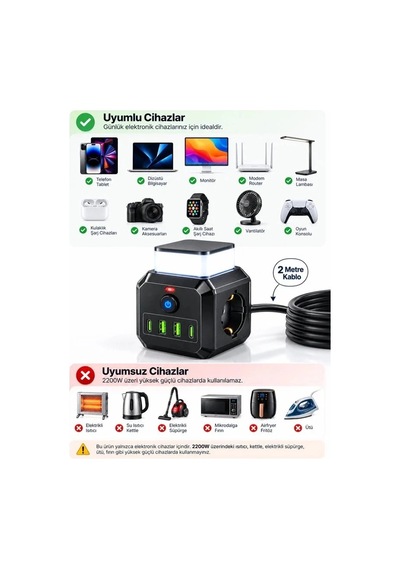 Akım Korumalı 3'lü Priz 2200w 1050j 10a Gece Lambalı 2 Usb 2 Type-c Şarj Girişli Bsp-4 2 M