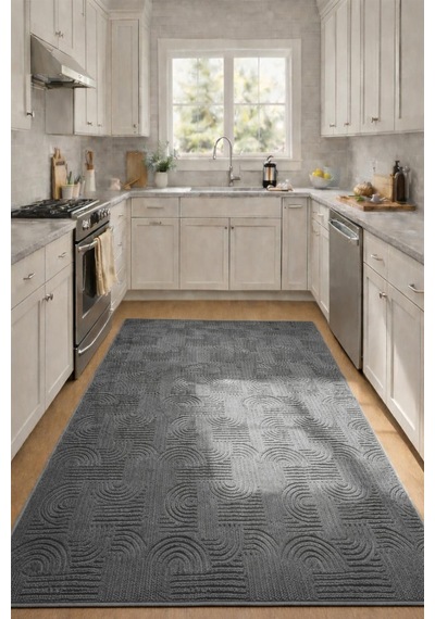 Raschel Carpet Premium Yıkanabilir Leke Tutmaz Emboss Bohem Koyu Gri Mutfak Halısı Özel Seri Kaymaz Taban Halı Antrasit