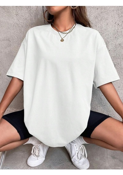 Düz Basic T-shirt - Beyaz Oversize Bisiklet Yaka Kısa Kol Beyaz
