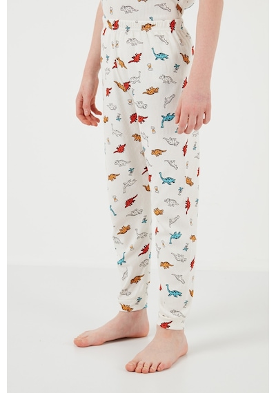 Lela Desenli % 100 Pamuk Bisiklet Yaka Erkek Çocuk Pijama Takımı 6651001 Ekru-Kırmızı
