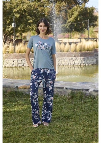 Will Like Çiçek Ve Yaprak Desenli Ve Baskılı Pijama Takımı Yeşil