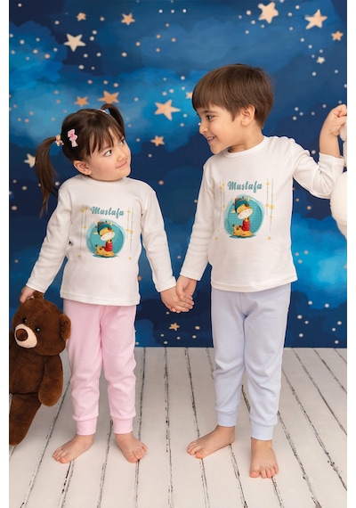 Pia Baby İsimli Erkek Çocuk Pijama Takımı %100 Pamuk Penye İsme Özel Baskılı Kişiselleştirilebilir Pijama Seti 20825p14pi Krem