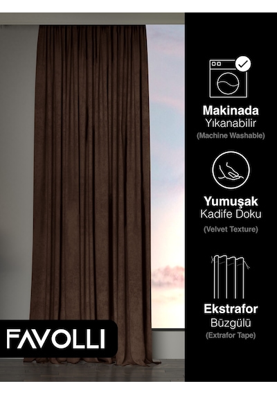 Br Favolli Kadife Dokulu Kahverengi Ada Fon Perde Ekstrafor Büzgülü Dream Series Kahverengi