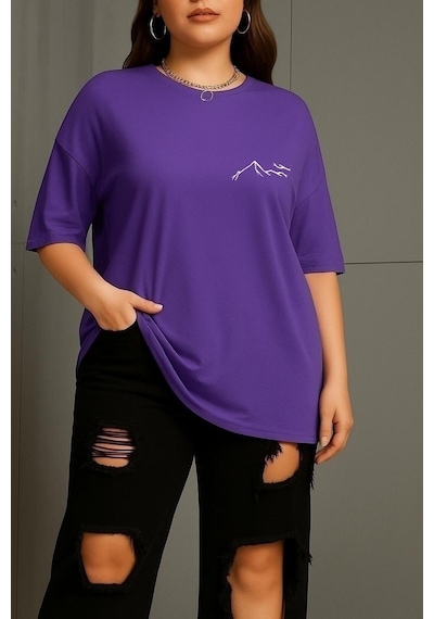 Büyük Beden Dağ Baskılı Unisex Tişört Mor