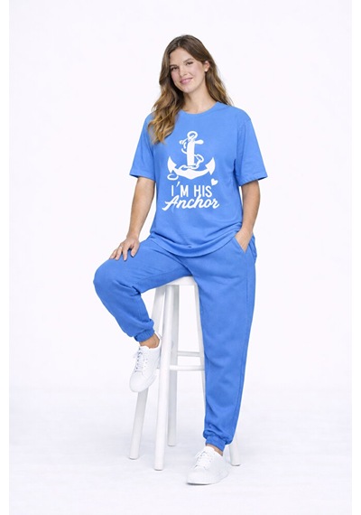 Sevgili Kombini Oversize Çift Tişört Unisex Captain Anchor Baskıl Mavi