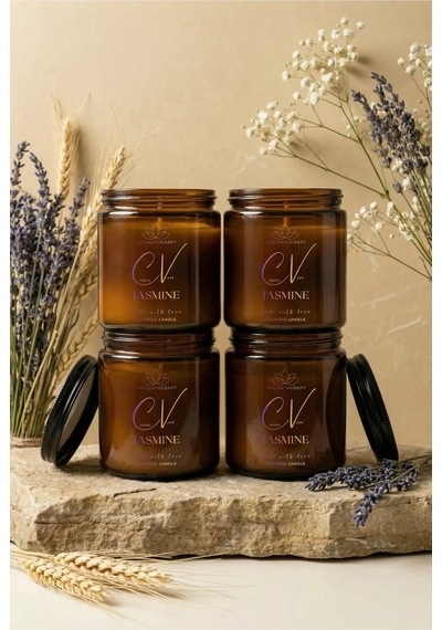 4 Lü Amber Cam Kavanoz Aromaterapi Mum Seti Yasemin Kokulu %100 Doğal Soya Wax Kapaklı 100 Cc Amber