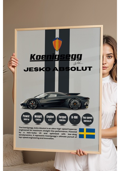 Koenigsegg Jesko Absolut Tablo - Teknik Özellikli Hiper Araba Poster - Çerçeveli Duvar Dekoru Kayın