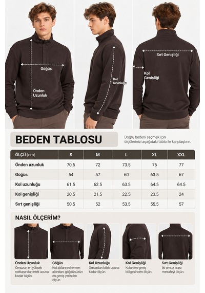 We&me Erkek Dik Yaka Yarım Fermuarlı Uzun Kollu Günlük Sweatshirt Kahverengi