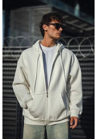 Erkek Tam Fermuarlı Cepli Kapüşonlu 3 İplik Pamuklu Hoodie Sweatshirt - Beyaz Beyaz