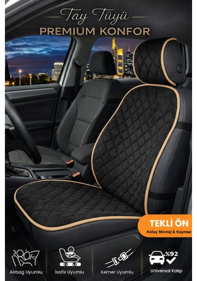Oto Koltuk Kılıfı Tay Tüyü Tekli Ön Minder 4 Katmanlı Terletmez Airbag Uyumlu - Siyah Bej