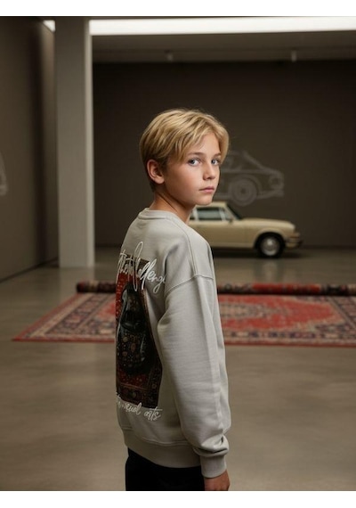 Zekids Erkek Çocuk Sırtı Araba Baskılı Tasarım Sweatshirt-16619 Gri