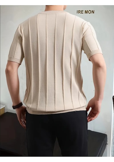 Erkek Yuvarlak Yaka Örme T-shirt Vizon