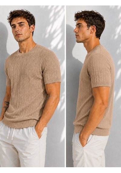 Ribana Erkek Bisiklet Yaka Kısa Kollu Esnek Örme Triko T-shirt 26091 A.kahve
