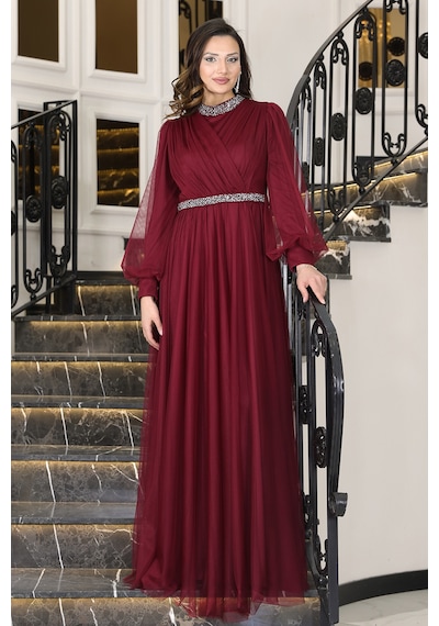 Raika Moda Senna Taş Detaylı Büyük Beden Şık Tesettür Abiye Bordo