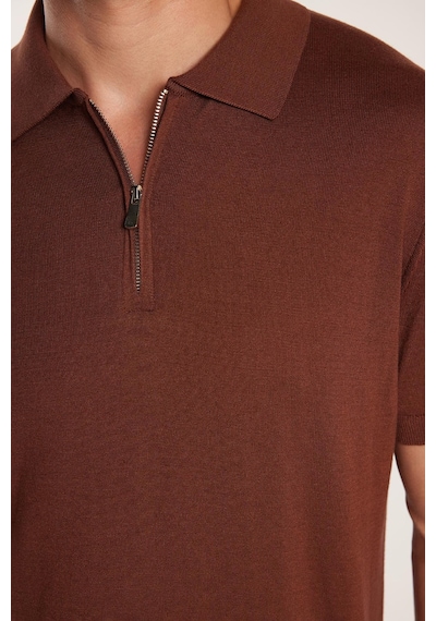 Tudors Erkek Slim Fit Dar Kesim Pamuklu Örme Triko Fermuarlı Kahverengi Polo Yaka Tişört-33747 Kahverengi