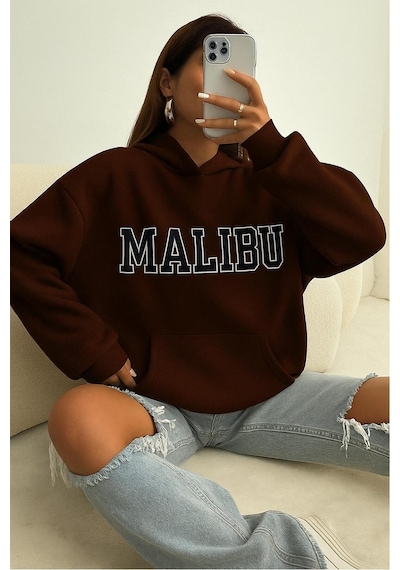Benroma 3 İplik Penye Malibu Baskılı Ünisex Kapüşonlu Sweat Kahverengi