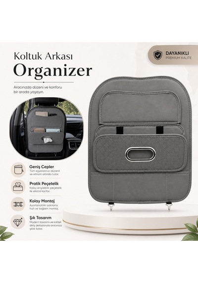 Araç Koltuk Arkası Organizer Deri Görünümlü Çok Gözlü Mendil Çıkışlı Gri