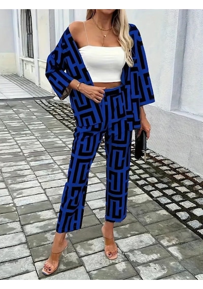 Hazego Kadın Uzun Kollu Önü Açık Desenli Iki Iplik Ceket Ve Pantolon Ikili Takım Saks Mavi Hazego Kadın Uzun Kollu Önü Açık Desenli Iki Iplik Ceket Ve Pantolon Ikili Takım Saks Mavi