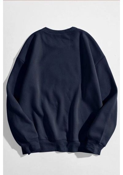 Los Angeles Yazı Tasarım Sweatshirt - Lacivert Baskılı Oversize Kalın Kışlık Bisiklet Yaka Lacivert