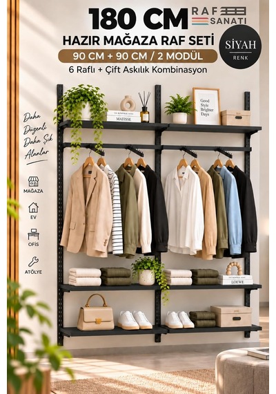 Tr 180 Cm Duvar Raf Askılık Sistemi 6 Raflı 2 Modül 200 Cm Konik Dikme Hazır Set Siyah Genel