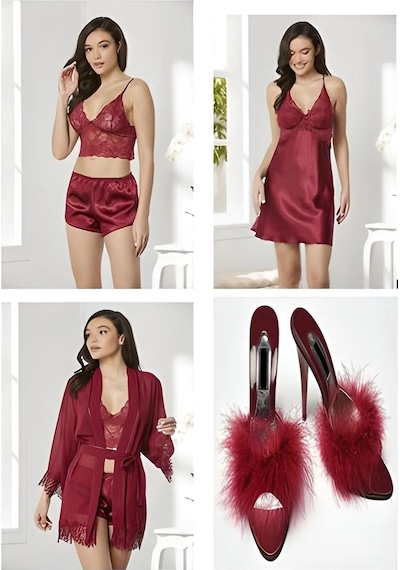 Pierre Cardin 7005+gc225 Çeyizlik Terlikli Şifon Dantelli Saten 4'lü Set -bordo