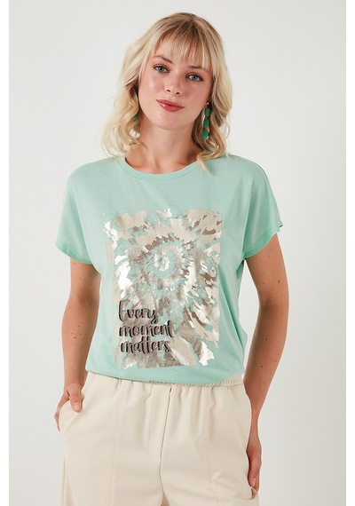 Lela Baskılı Bisiklet Yaka Regular Fit Bayan T Shirt 6671001 Mint