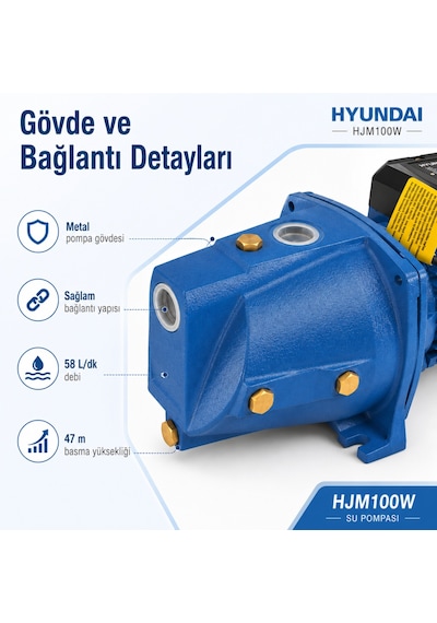 Hyundai Hjm100w Elektrikli Su Pompası 1 Hp 750 W 58 L/dk 47 M Basma Yüksekliği