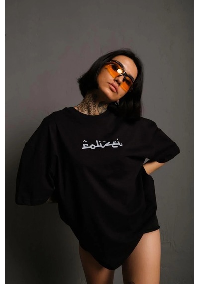 Kadın Bisiklet Yakalı Sırt Baskılı Oversize Kısa Kol T-shirt - Siyah Siyah
